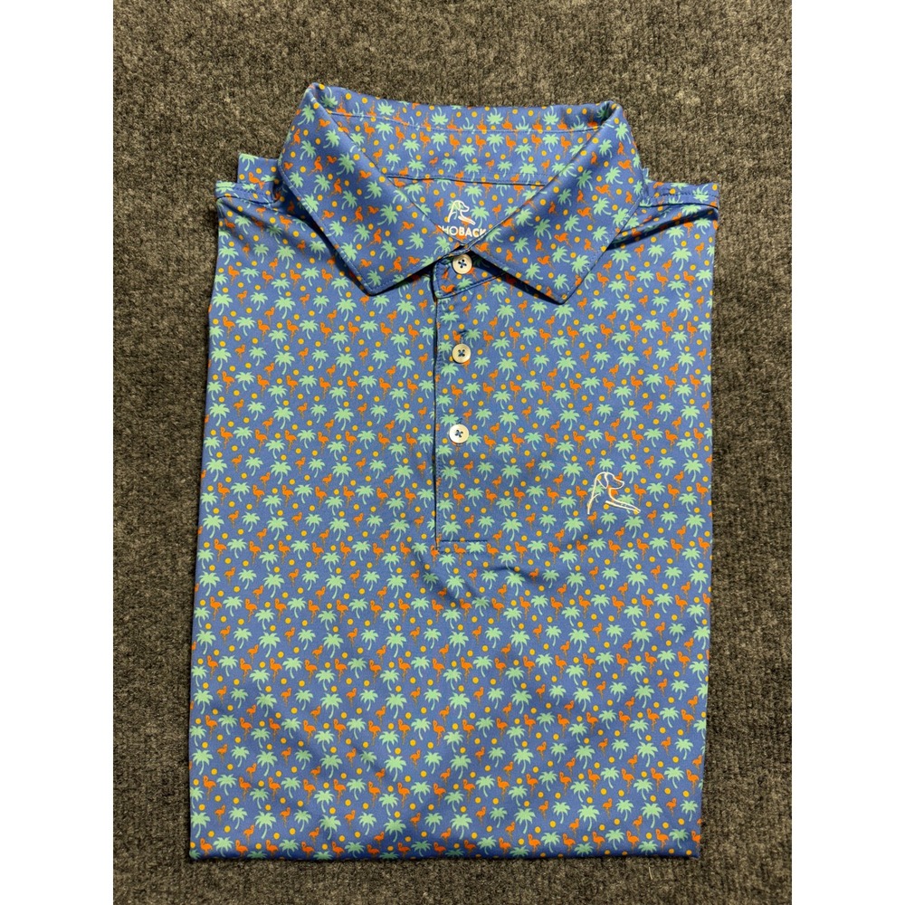 Rhoback The Snowbird Polo Shirt Men's XL Blue Flamingo Palm Tree Golf